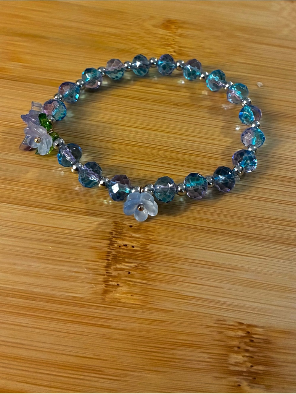 Handmade Blue and Purple Crystal Flower & Butterfly Stretch Bracelet